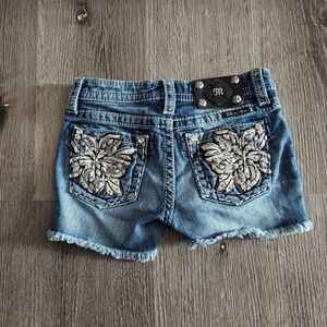 Miss Me Light Blue Jean Shorts with Floral Detail On Pockets Size 10